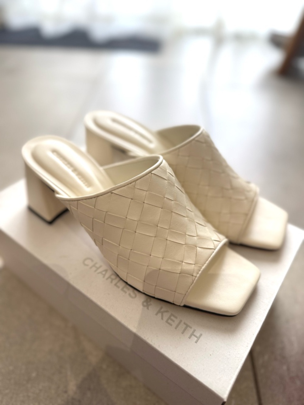 Charles & Keith Cream Woven Square-Toe Block Heel Mules